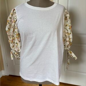 Zara White and Tan Ruffled Tie Front Blouse